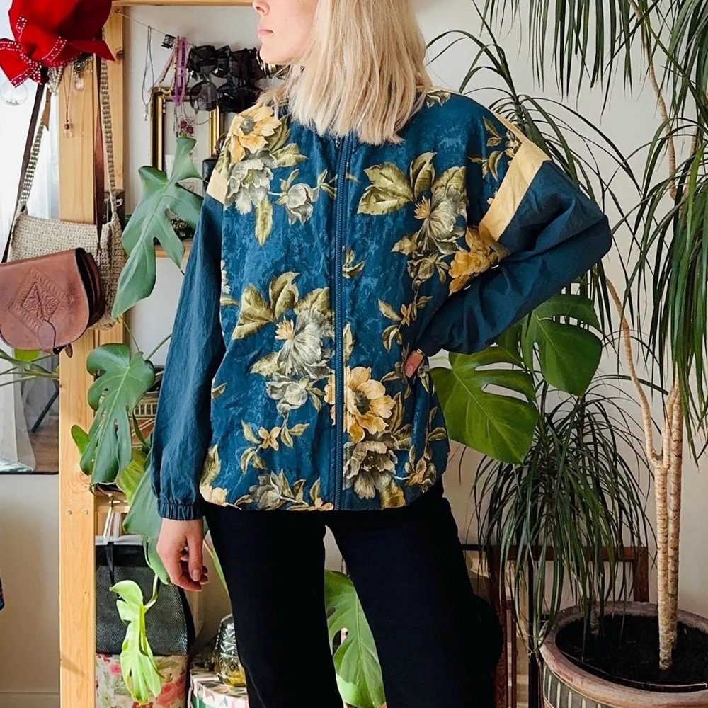 Vintage 80s Sport Savvy Floral Teal and Yellow Full-Zip Bomber Jacket Size Large